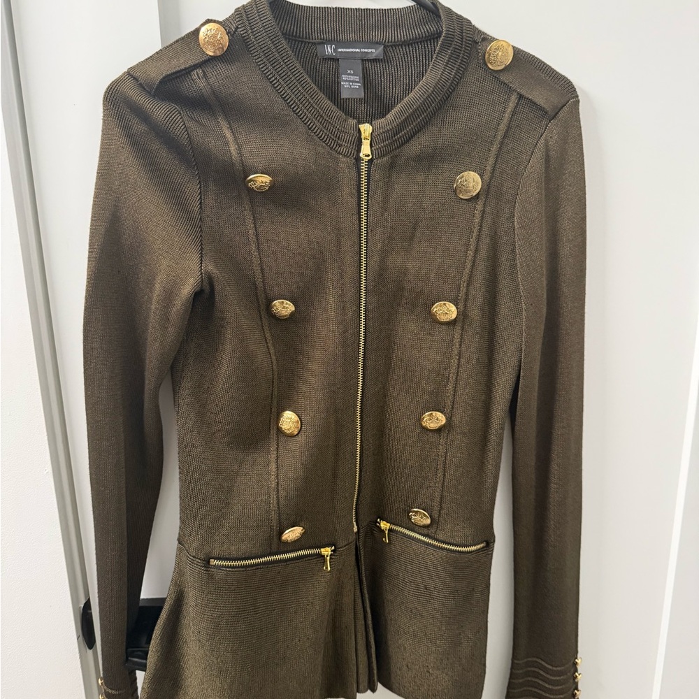 INC International Concepts Olive Military Jacket with Gold Buttons